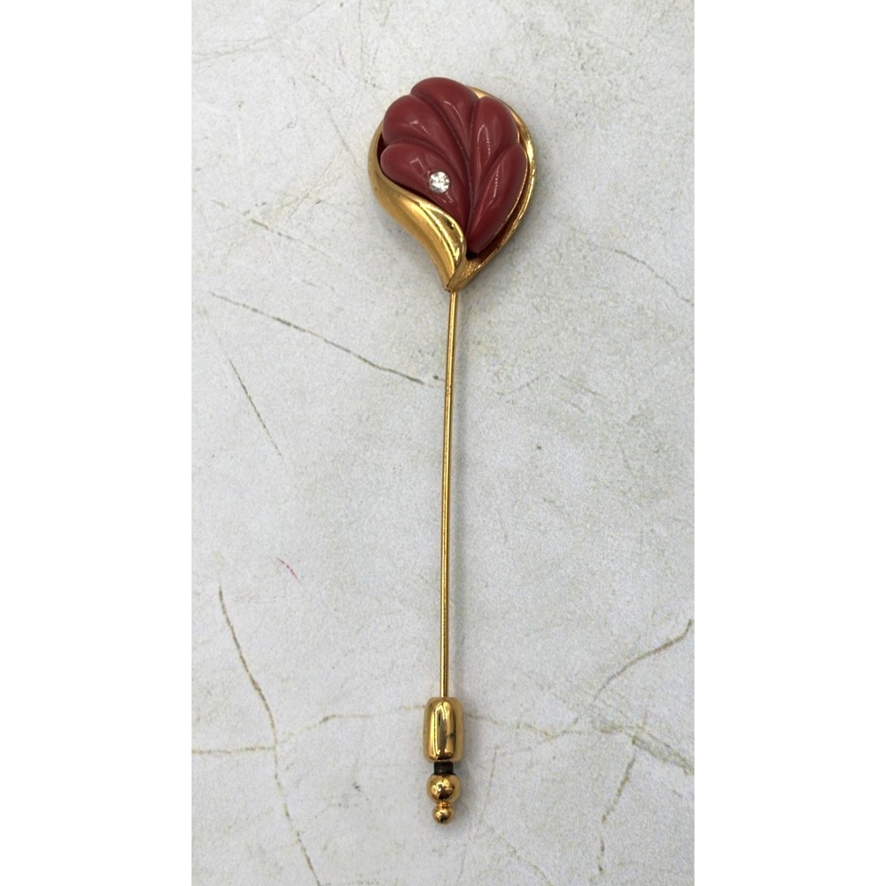 Givenchy 1980 Vintage Signed Stick Pin Brooch‎ Red Lucite Gold Tone Rhinestone
